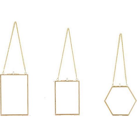 Lot de 3 cadres en verre pour fleurs pressées - Cadres photo suspendus en verre doré avec chaîne, cadres flottants pour décoration d'art à faire soi-même (1/5)