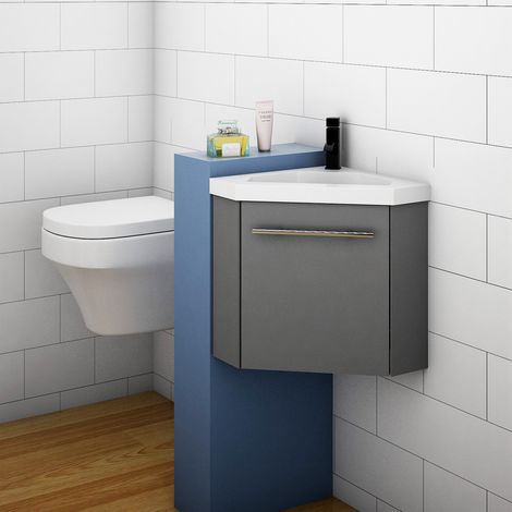 Bathroom Cloakroom Corner Vanity Unit Basin Sink Small Wall Hung Sink Cabinet Grey