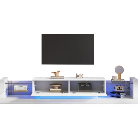 ELVMI Mobile TV con 2 Vani a Ribalta e LED, Frontale in Vetro, per Soggiorno, in Truciolato, 181 × 38 × 38 cm, Bianco (1/5)