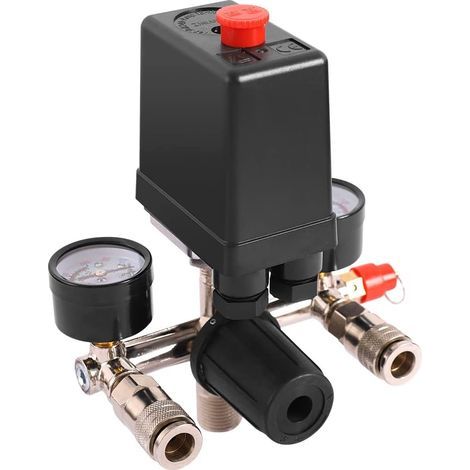 Pressostat compresseur air 0-12 bars 8 bars max avec vanne régulateur manomètres raccords rapides 1/2" 240V (1/5)