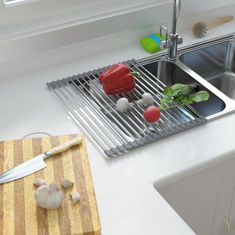 1 Égouttoir Télescopique Enroulable Acier Inoxydable Silicone Antidérapant 18 Tubes Pour Cuisine Évier