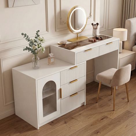 REDOM Tocador de 90-160x40x75 cm, tablero extensible, espejo LED de 3 modos, almacenamiento organizado, MDF blanco.
