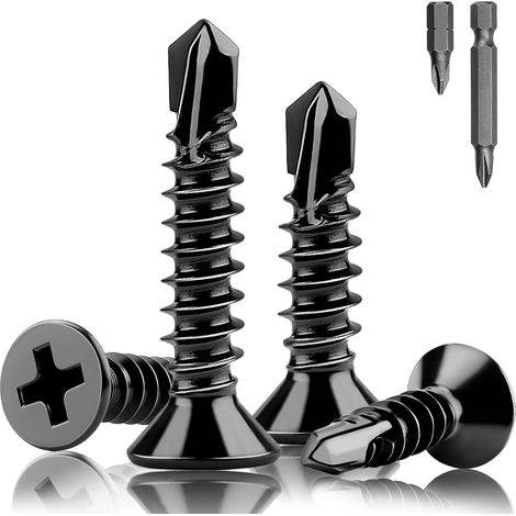 120 Pièces Vis Autoforeuse Noire Inox M4.2 x 19 mm Vis Autoforeuse Metal Noir 410 Tête Fraisée Autoperforante Pointe de Forage Autoperceuses pour Plastique Bois Tôle (1/5)