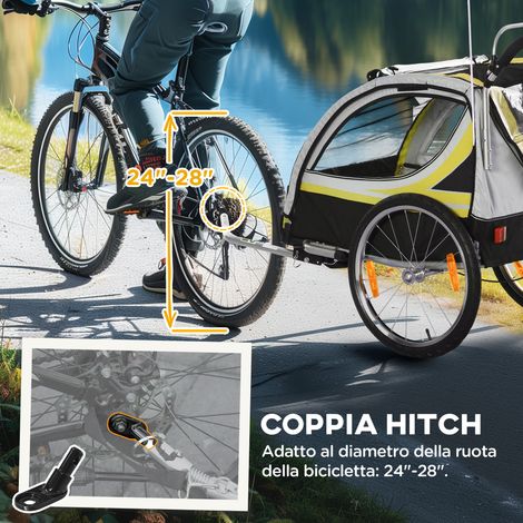 Remorque vélo enfant 2-en-1 jaune : poussette et carriole avec frein, ceinture 5 points, poches latérales, réflecteurs, drapeau (1/5)