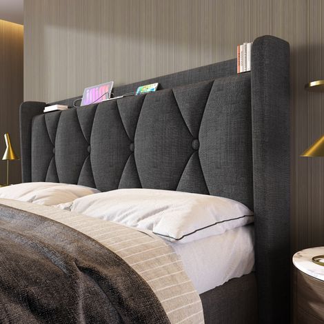 Lit double 160x200 cm gris sans matelas,tête de lit avec étagères,4 tiroirs de rangement et ports de charge intégrés. (1/5)