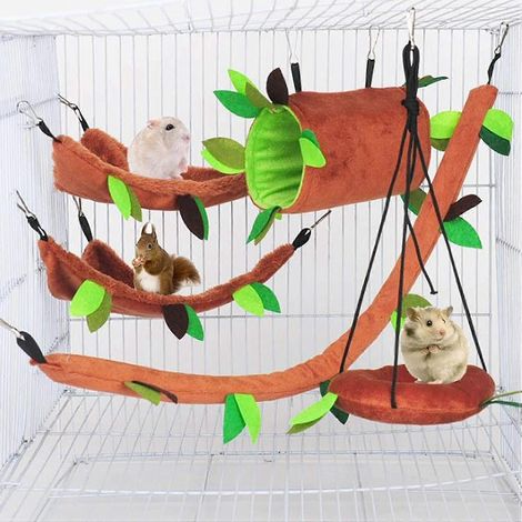 Lot de 5 hamacs suspendus pour petits animaux : nid douillet, tunnel et balançoire à motif forêt, idéal pour les phalangers volants. (1/4)