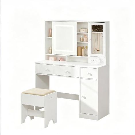 Coiffeuse LED 108cm avec tabouret prise USB miroir coulissant rangement
