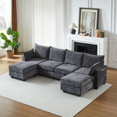 MODFU - Divano letto angolare modulare U/L, 4 posti con contenitore, 2 cuscini, imbottitura in schiuma, ciniglia grigia (1/5)