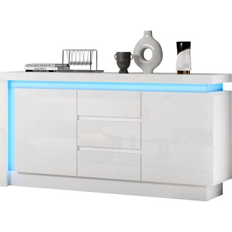 Buffet 1403572 cm pour chambre et salon, avec 3 tiroirs, 2 portes, étagères réglables, finition brillante et LED, blanc (1/5)