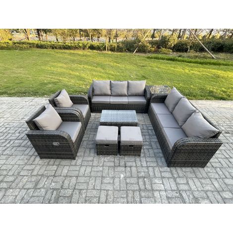 Fimous Ensemble de canapés en rotin avec Canapé 3 places Chaise inclinable Table d'appoint 2 Petits tabourets Gris foncé mixte (1/5)