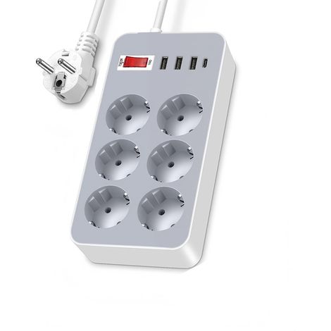 Parasurtenseur Multiprise, Multiprise 6 Prises avec Interrupteur,3 USB +1 Type C,avec Protection Contre Les Surcharges, Rallonge de 1.8m (1/5)