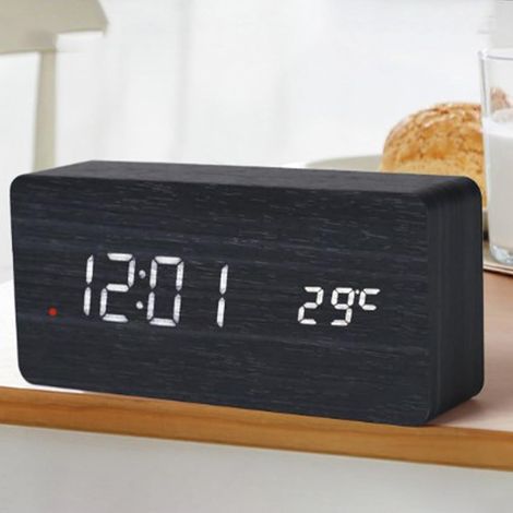Holz-LED-Wecker, schwarz-braun, MDF, PVC, mit Temperatur- und Feuchtigkeitsanzeige, automatischer Zeitkorrektur und Helligkeitsanpassung, 12/24-Stunden-Anzeige, Wochenend-/Nachttisch-Dekoration. (1/5)