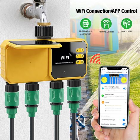 Programmateur d'arrosage Intelligent Solaire WiFi – Système d'irrigation automatique 4 zones avec capteur de pluie IPX6 pour jardin