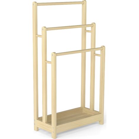 COSTWAY Freestanding Wood Towel Rack 3-tier Towel Drying Stand w/ Shelf-Natural (1/5)