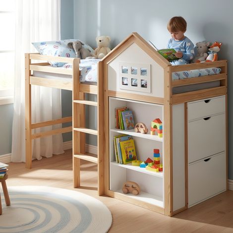 Hochbett 90x200 cm Weiß Natur aus Kiefer und MDF mit Staufächern, Schubladen, Sicherheitsgeländern und Stufen (1/5)