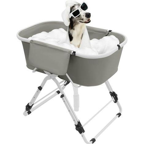 Baignoire portable et pliable pour chien surélevée - Hauteur réglable sur 5 niveaux - Charge maximale : 68 kg - Baignoire surélevée Pour chiens et chats de petite à moyenne taille - Gris (1/5)