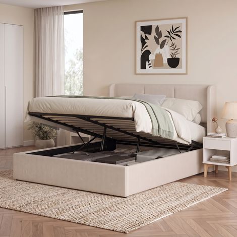 Lit coffre 140x190,lit 140x190 avec sommier à lattes,lit double capitonné,lit adulte,lit 2 personnes,tissu en lin,lit 2 persons,Beige