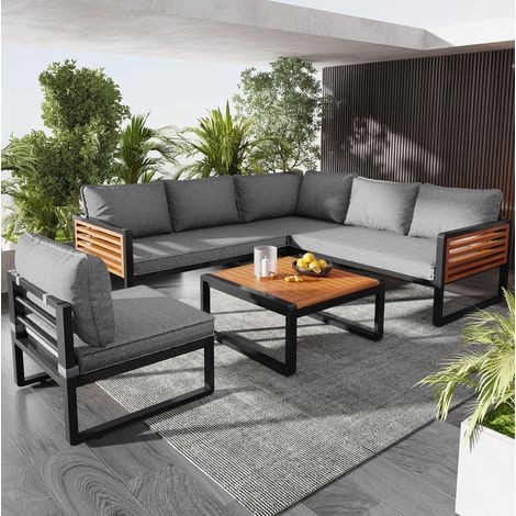 Sofá jardín modular exterior gris con mesa madera OKMYHOME (1/5)