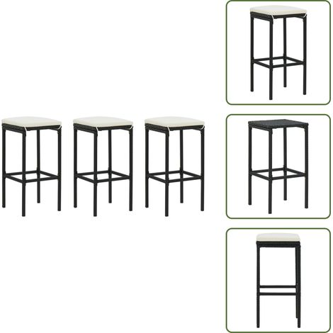 The Living Store Tabourets de bar avec coussins lot de 3 noir résine tressée - Tabouret de comptoir (1/5)
