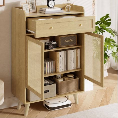 Mobile contenitore 80x105x35 cm con 2 ante, 1 cassetto, ripiani regolabili, apertura push-to-open, rovere chiaro (1/5)