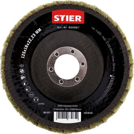 STIER Vlies Fächerschleifscheiben, 125 x 18 x 22,23 mm, grob, 5 Stk., kühler Schliff, 12.200 RPM, für Edelstahl