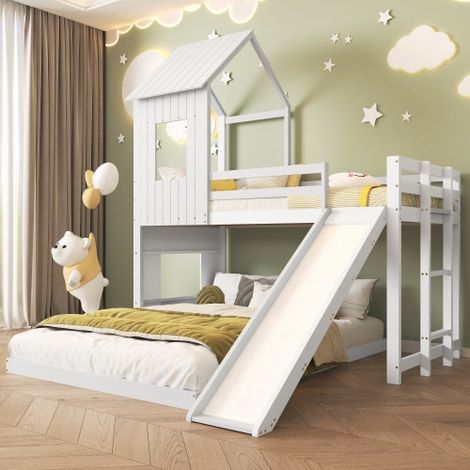 Lit superposé enfant 90x200 cm et 140x200 cm Avec toboggan, barrière antichute, fenêtre, toit et échelle 3 marches Blanc (1/5)