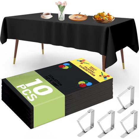 Nappe jetable 10 pièces Nappes de table en plastique 137 x 274 cm Nappe noire avec 4 pinces pour nappe pour restaurants, pique-niques, fêtes, événements, mariages (1/5)