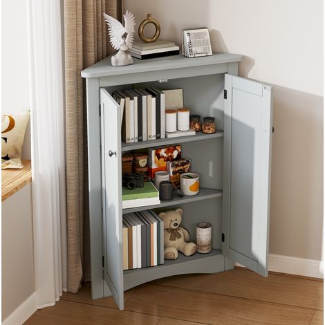 Armario esquinero de baño 61.5x80 cm gris MDF con 2 puertas y 3 niveles de almacenamiento (1/5)