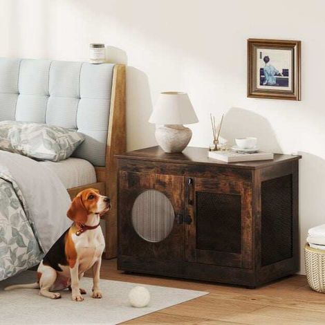Cage pour chien en métal robuste résistante à la morsure, cage pour chiot en bois avec fenêtre translucide, cage intérieure - café (1/5)