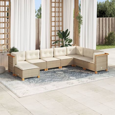 Salon de Jardin 8 Places en Résine Tressée Beige avec Coussins - Ensemble Modulaire Canapé d'Extérieur (1/5)