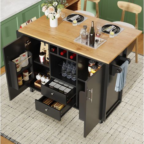 Carrello da cucina su ruote 137,9x73x92 cm con vassoio ribaltabile, 2 cassetti, in MDF e metallo, nero (1/5)