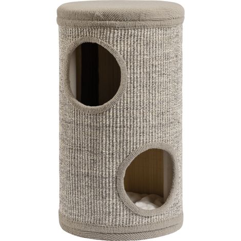 Fudajo Forest Tour à griffer pour chat multicolore et couleur camel, hauteur 61 cm, Ø 35 cm, Arbre à chat tonneau avec coussin et 2 entrées, Griffoir (1/5)