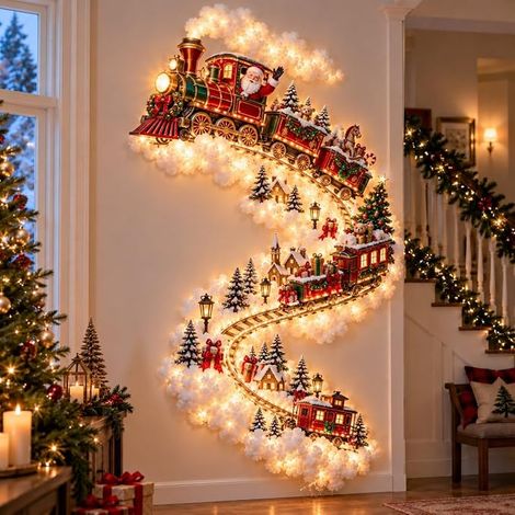 Décoration de Noël, guirlande lumineuse verticale illuminée, ornement mural train du Père Noël pour fête de Noël