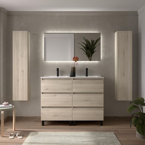 Meuble de salle de bain BEQUIA 3C 120cm Naturel Vasque Porcelaine Centrale (1/5)