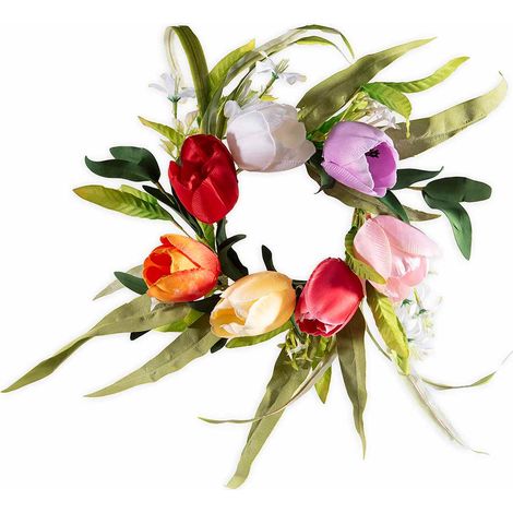 Ghirlande decorative di tulipani colorati artificiali con fiori e foglie, set da 2 pezzi, Ø 34 cm - Interno: Ø 11