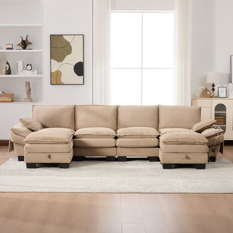 Sofá modular de 4 plazas en pana con 2 pufs, puerto USB-C y bolsillos laterales, color beige (1/5)