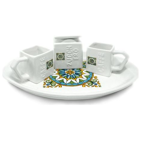 Set Caffe' Zuccheriera Tazzine e Vassoio in Ceramica Decoro Fiore (1/2)