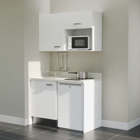Kitchenette K07L - 120 cm - plan monobloc évier intégré Snova- évier à gauche - Façades Blanc + Electroménager inclus coloris Blanc