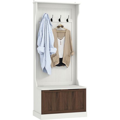 Mobile Appendiabiti 3 in 1 71,5x39,5x170 cm con 4 Ganci e Panca Contenitore in Legno Bianco (1/5)