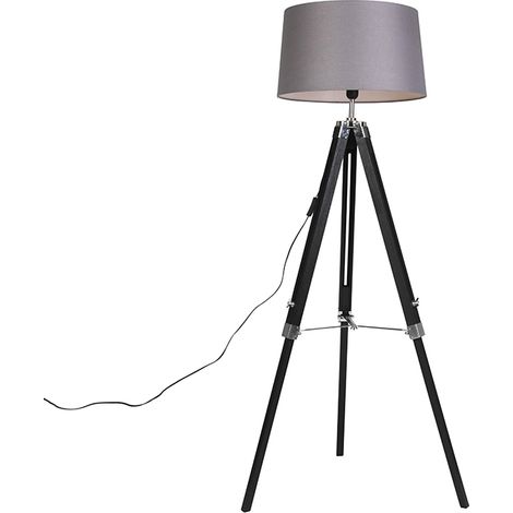 QAZQA Industrial Lámpara de pie trípode negra con pantalla de 45 cm de lino gris oscuro Madera /Textil /Acero Alargada Adecuado para LED Max. 1 x 40 Watt