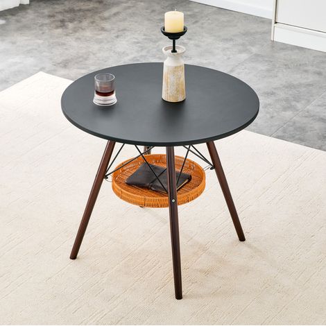 Tavolo rotondo 80 cm nero e noce in MDF e legno massello con cestino sospeso (1/5)