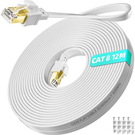 Câble Ethernet 12m, Cat 8 Cable Réseau Rj45 12 Mètres Plat Haut Debit Fibre (1/5)