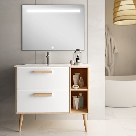 Meuble de salle de bain vasque déportée - 2 tiroirs - MALIA et miroir Led STAM - 80cm (1/5)