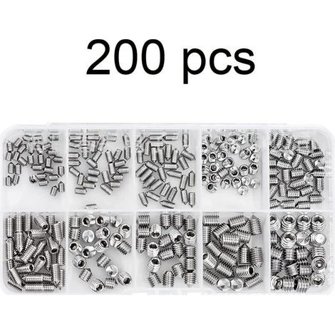 200 Pièces Vis Sans Tête Vis Sans Tête Hexagonale M3 M4 M5 M6 M8 Allen Vis Pointeau en Acier Inoxydable Vis Poignée de Porte Vis Allen Vis Sans Tête Coniques Assortiment Vis (1/5)