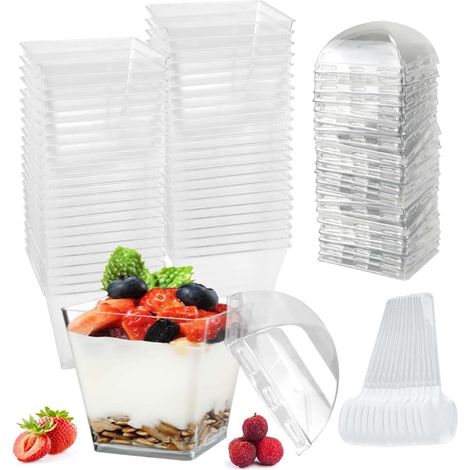 50 vasos reutilizables para postres con cucharas, vasos cuadrados de 120 ml para postres, vasos transparentes para postres, cuencos reutilizables para servir mousse, bodas (1/5)