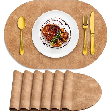 Lot de 6 sets de table ovales résistants à la chaleur, lavables, 30,5 x 43,2 cm, imperméables et faciles à nettoyer pour cuisine, salle à manger, marron clair'Marron Clair 6Pcs, 12" x 17"'Marron Clair (1/5)