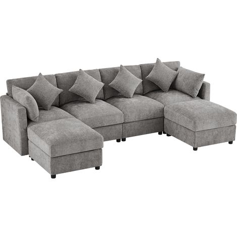 ELVMI Divano Modulare 4 Posti con 2 Pouf, Braccioli Regolabili, Ciniglia, Grigio, 284 × 156,5 × 86 cm (1/5)