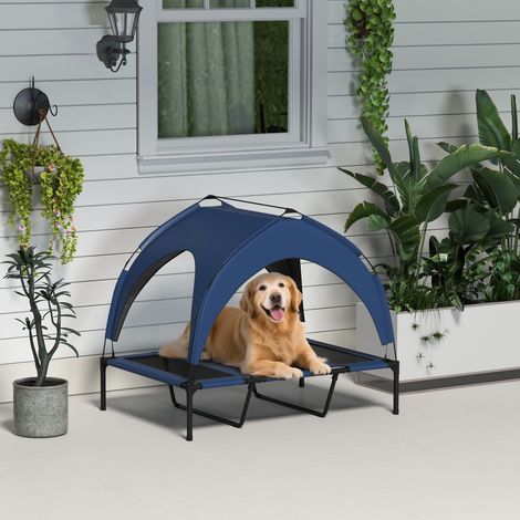 Cama para perros de exterior, resistente a la intemperie, con estructura elevada, 106 x 76 x 94 cm, azul oscuro. (1/5)