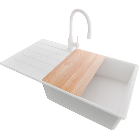 PRIMAGRAN Evier Cuisine en Granit 90x50cm, Lavabo 1 bac + Robinet 38x14cm + Kit de Vidage + Accessoire, Évier à Encastrer au meuble 60cm - Copenhague, Blanc (1/5)