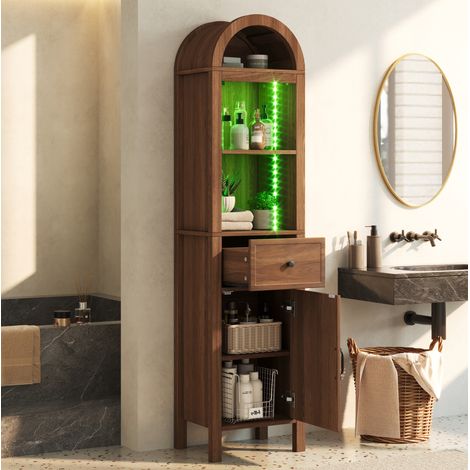 Armario alto de baño con LED RGB, puerta reversible, cajón y estantes ajustables, 40×30×163 cm, MDF madera oscura – CHICFURN para baño organizado diario (1/5)